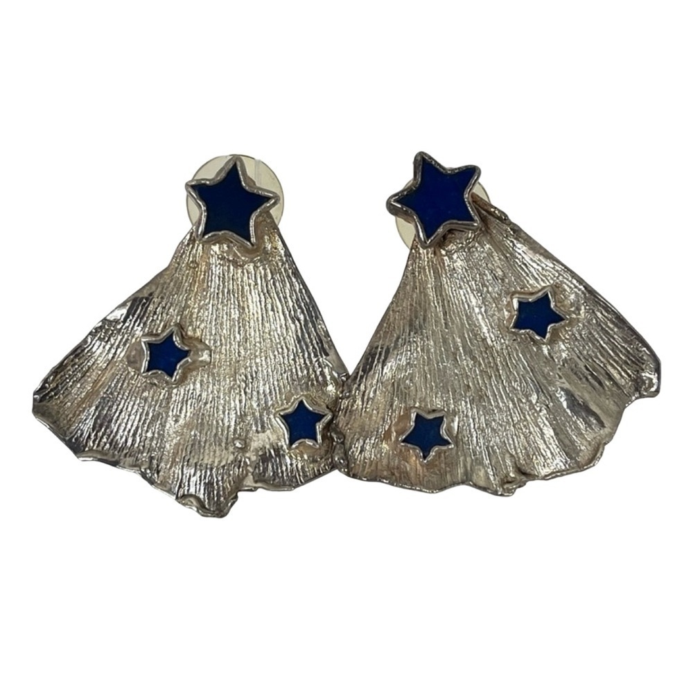 Vintage 80s Silver Blue Lapis Star Earrings - Picture 1 of 8